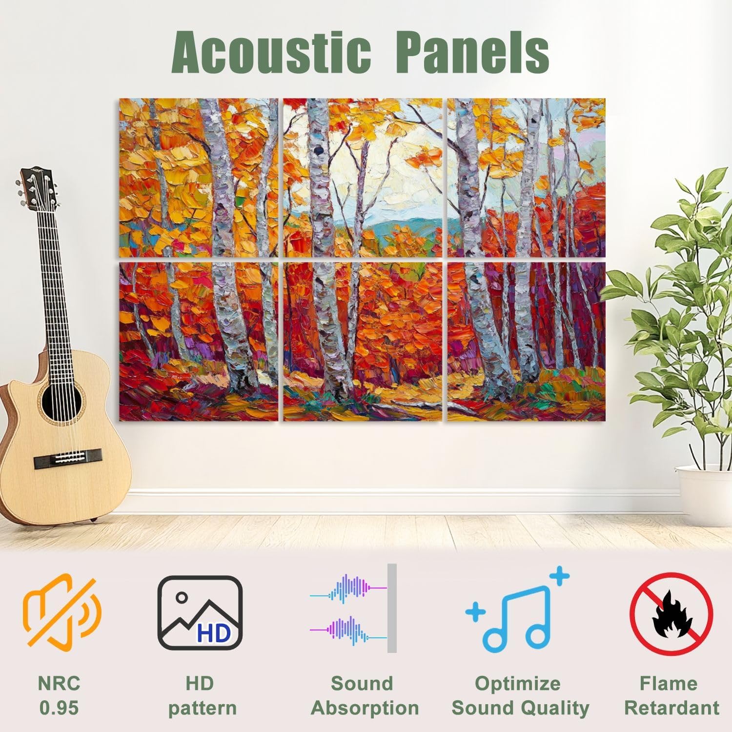 6 Pack Art Acoustic Panels Sound Absorbing Autumn Birch Trees Abstract Leaves Colorful Forest Vibrant Foliage Decorative Soundproof Wall Panels Self Adhesive for Recording Studios Office 72