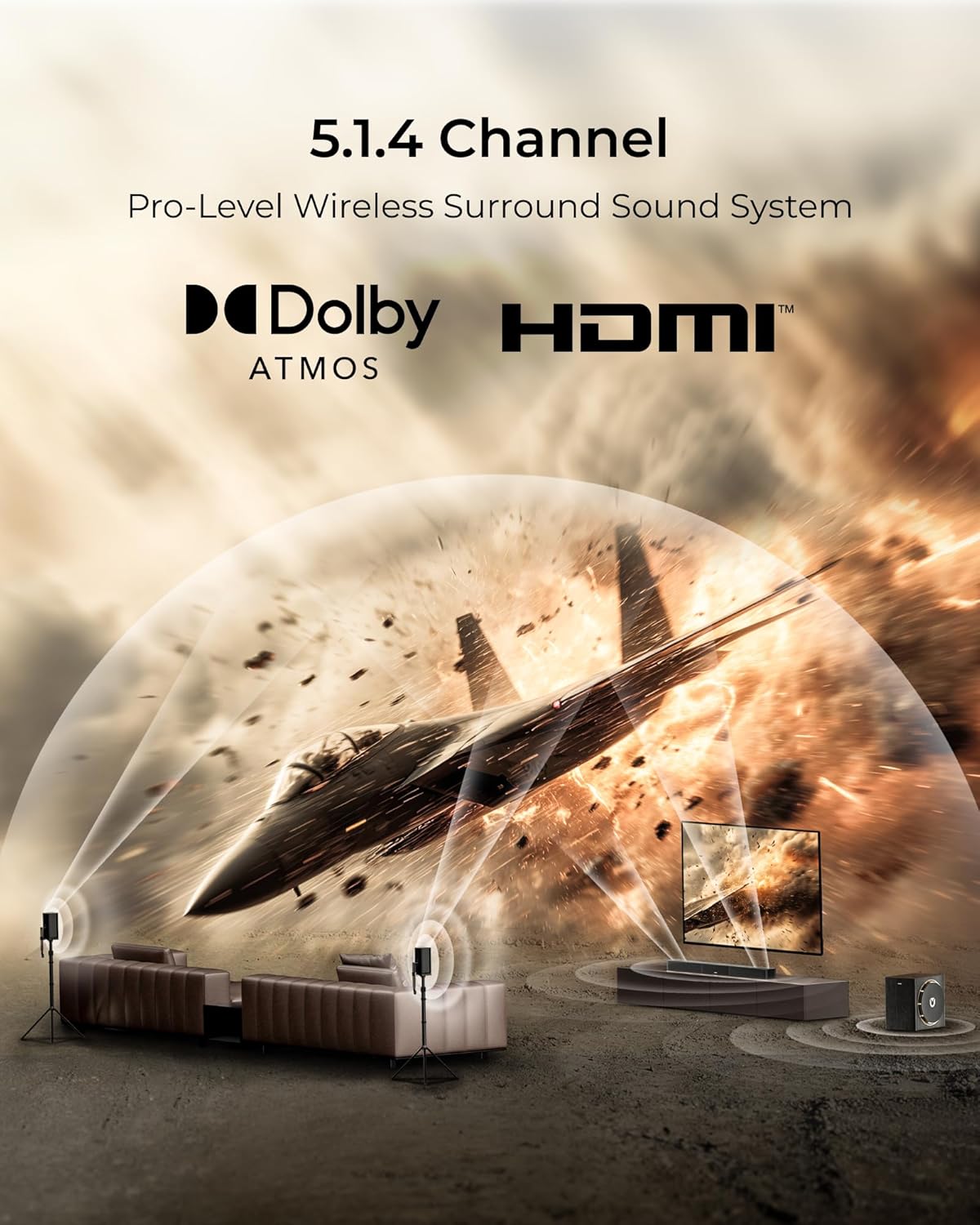 ULTIMEA Skywave X50 5.1.4ch Wireless Surround Sound System for TV, 760W Professional Sound Bar w/Dolby Atmos, 2 Wireless Surround Speakers & 8