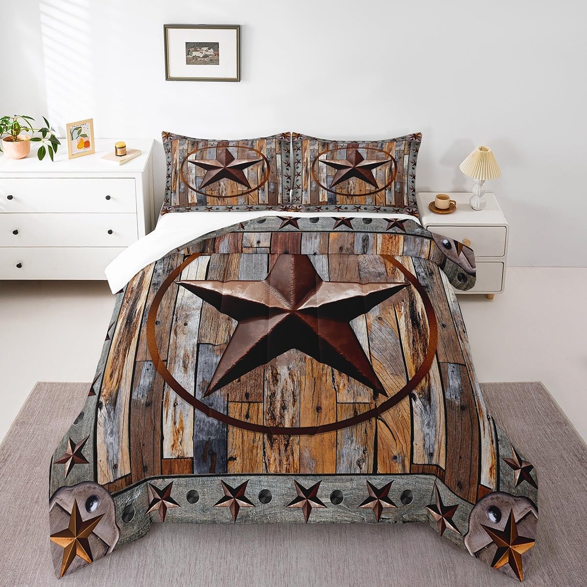 Feelyou Western Texas Star Comforter Rustic Wood Grain Comforter Set for Boys Girls Children Rustic Farmhouse Bedding Set Vintage Style Duvet Set Room Decor Quilt Set King Size