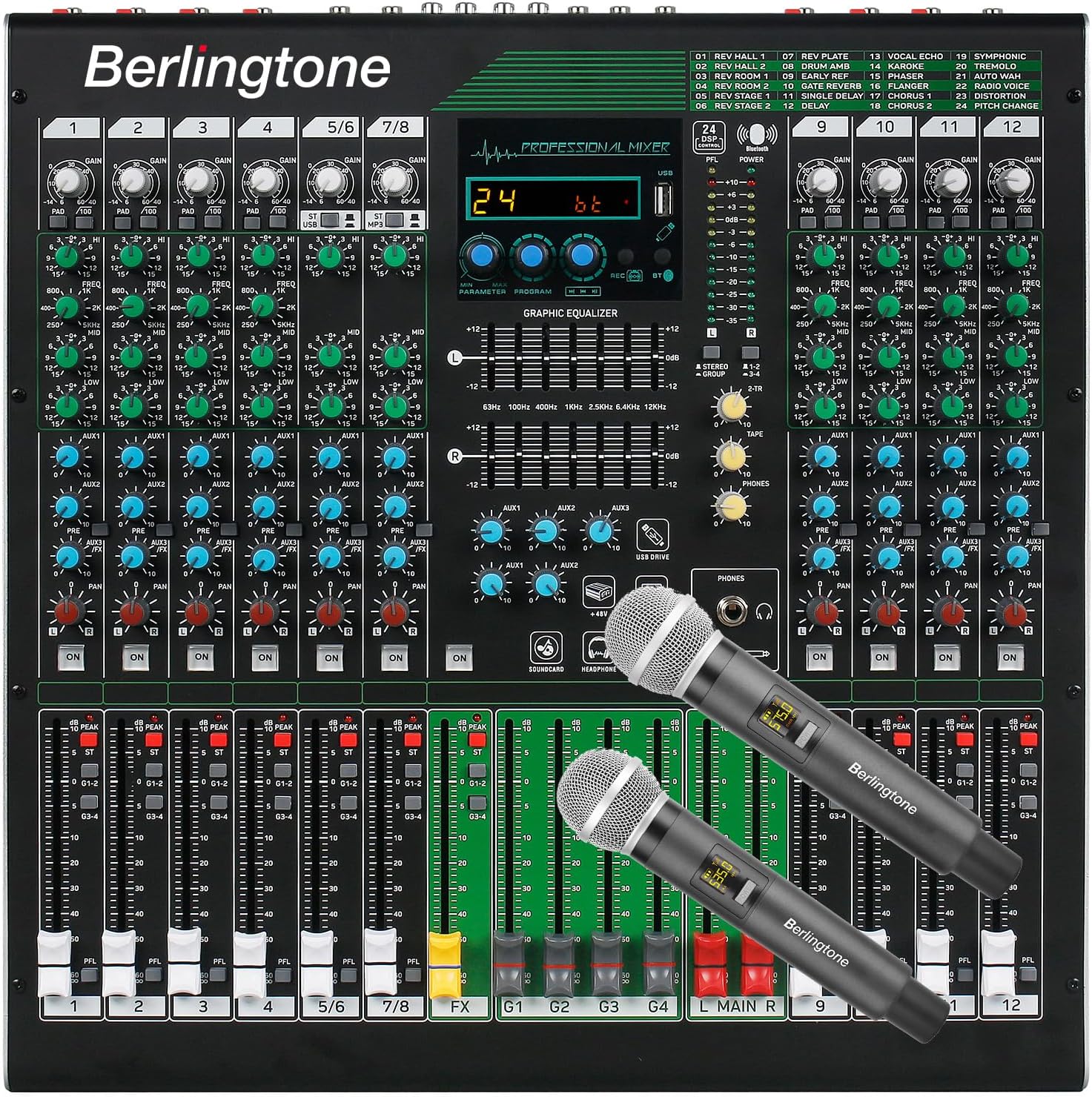 12-Channel Professional Bluetooth Analog Audio Mixer with USB, PC Recording, 24 DSP Effects, 48V Phantom Power, 10 Microphone Jack, 14 Band EQ, RCA Input/Output, Unpowered (BR-212MX)