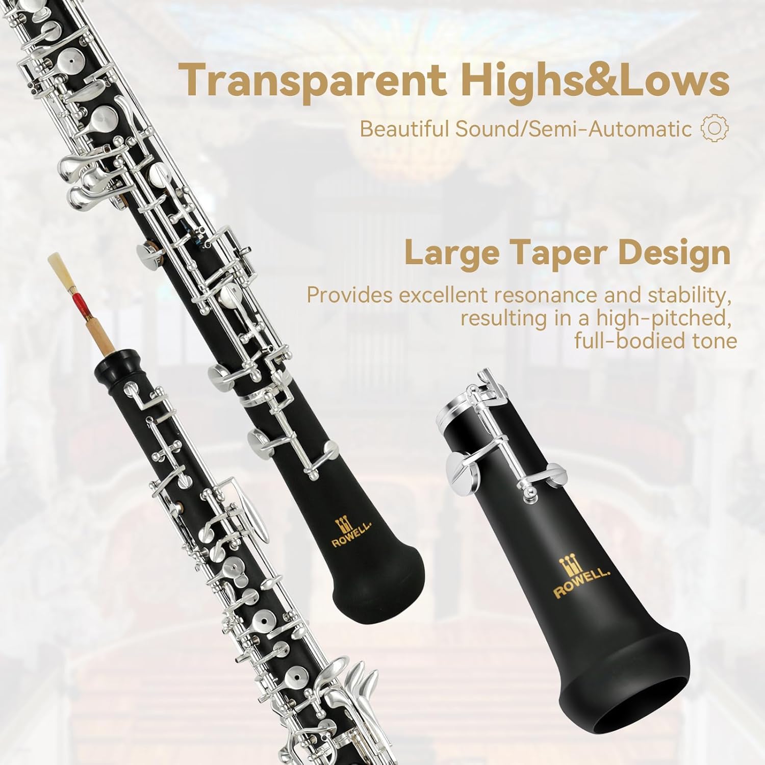 ROWELL Professional Oboe C-key Silver-plated Key Oboe Semi-automatic System Composite Wood Body Comes with Reed and Carrying Case Ideal for Beginners, School Bands, and Music Exams
