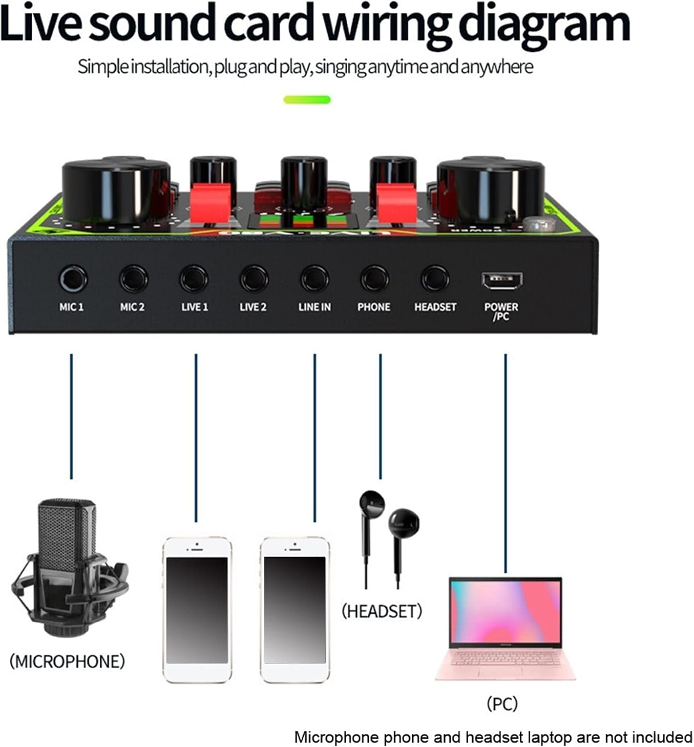 Professional Audio Mixer, Music Recording Audio Gaming Voice Changer Real Time Live Sound Card Multiple Effects Mixer Board with LED Light Chorus Mode