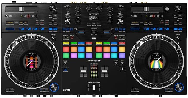 Pioneer DDJ-REV7 Scratch-Style 2-Channel Professional DJ Controller - Black Bundle with Laptop Stand, Headphones, and Austin Bazaar Polishing Cloth