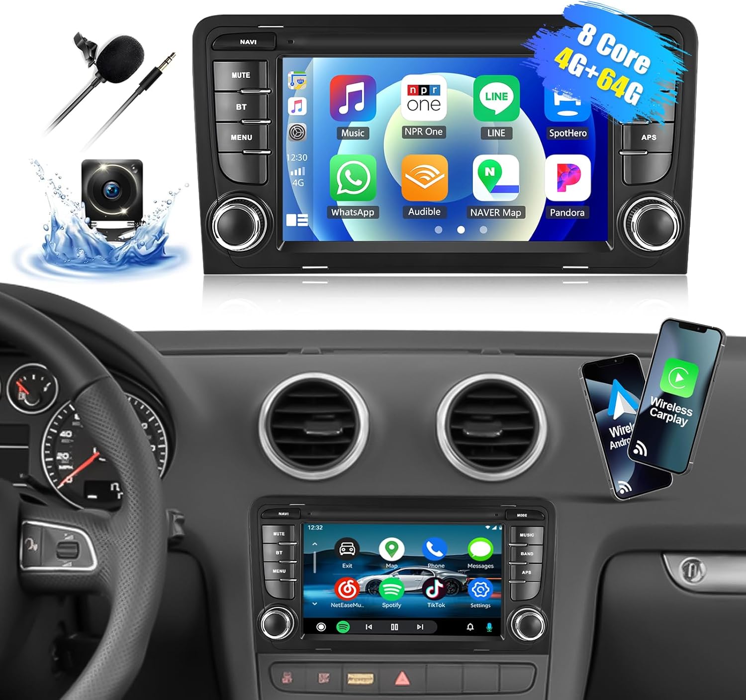 4+64G for Audi A3 S3 RS3 2004-2012 Car Radio Stereo with Wireless CarPlay Android Auto Android 15 Head Unit 7