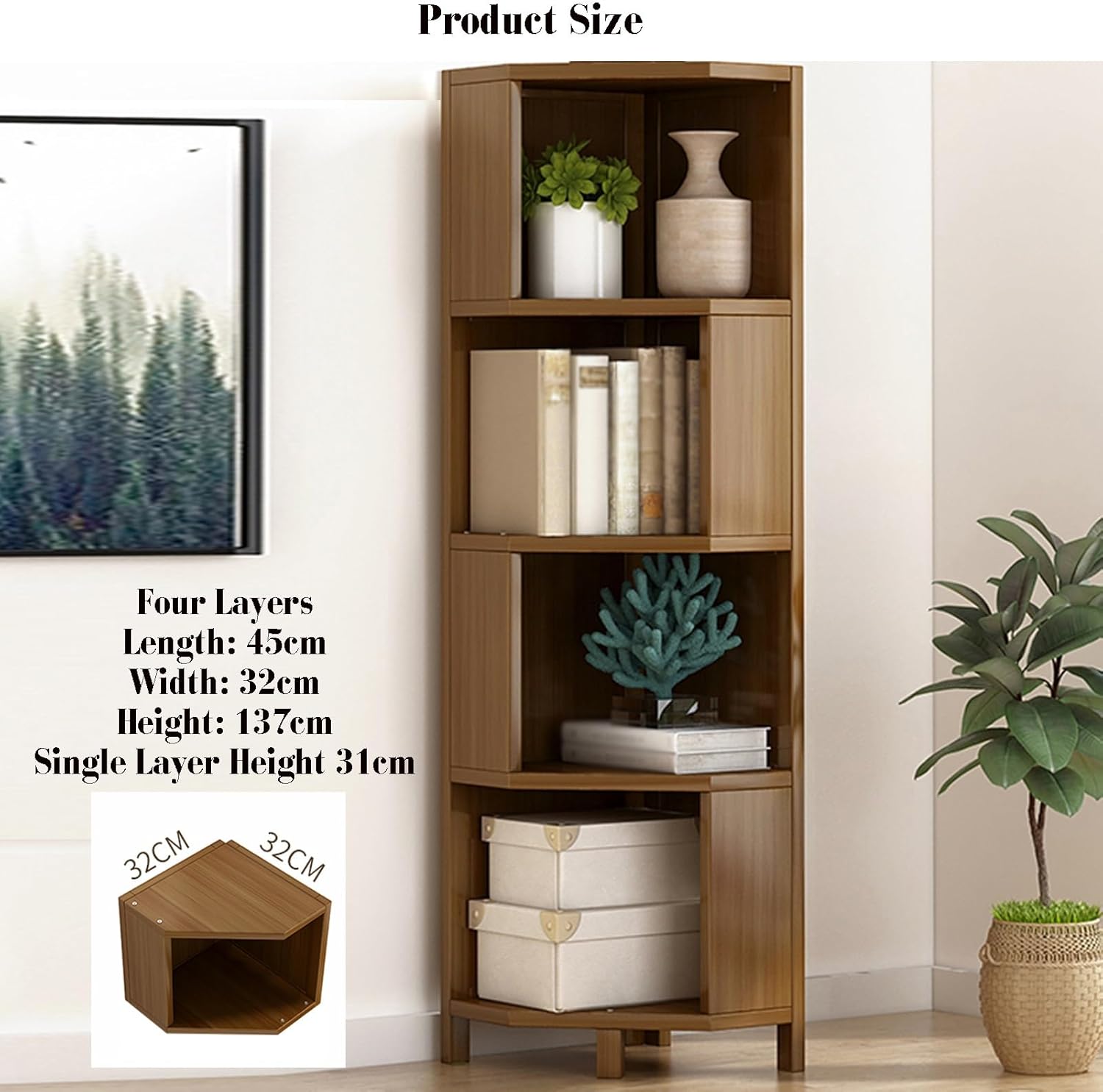Corner Bookshelf,Bamboo Corner Cabinet,Freestanding Display Shelf,Can Store Magazines,Alarm Clocks and Other Items,Suitable for Apartments,Dormitories,Living Rooms(17.71x12.59x53.93in) ()