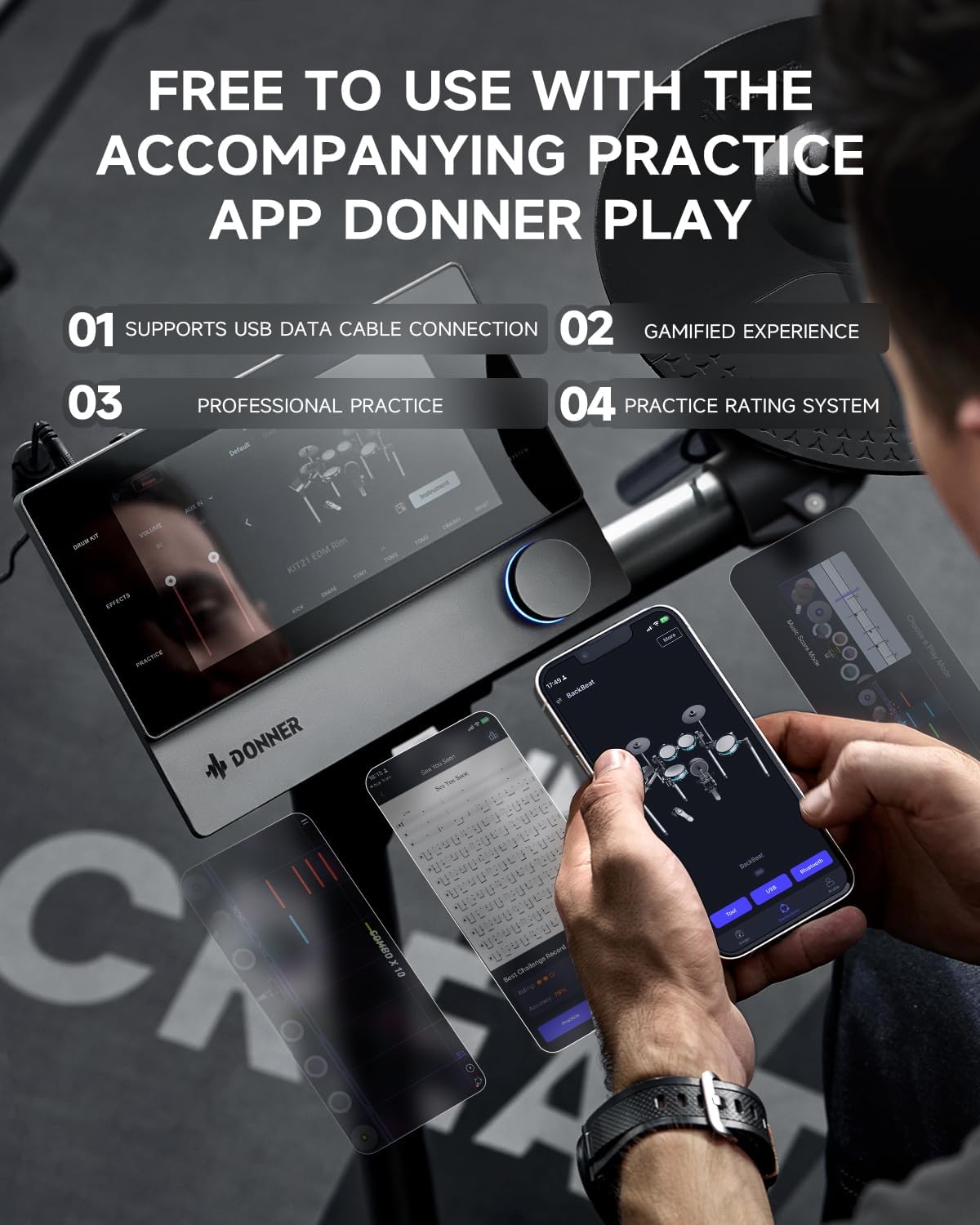 Donner Beat Electronic Drum Set, Electric Drum Kit with Quiet Mesh Drum Pads, 12