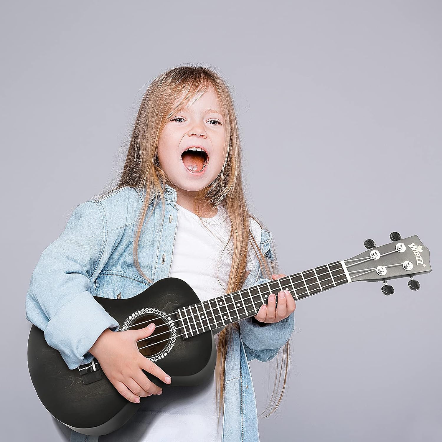 WINZZ HAND RUBBED Series - Concert Ukulele Vintage Hawaiian with Bag, Tuner, Strap, Extra Strings, Fingerboard Sticker, 23 Inches, Black