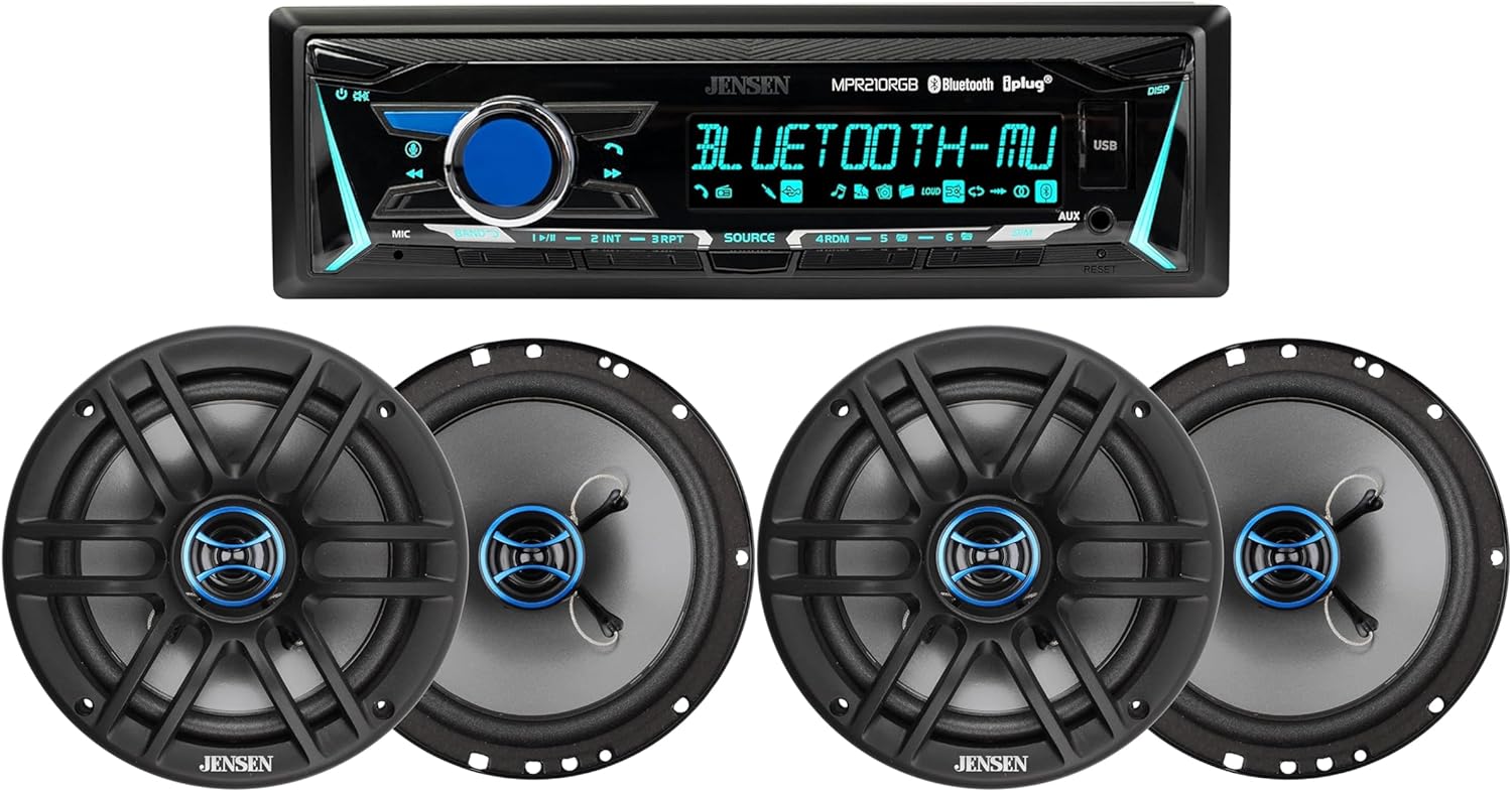 JENSEN MPR210RGB 12 Character LCD Single DIN Car Stereo Radio & Four JS62 2-Way 6.5 inch Car Speakers Bundle