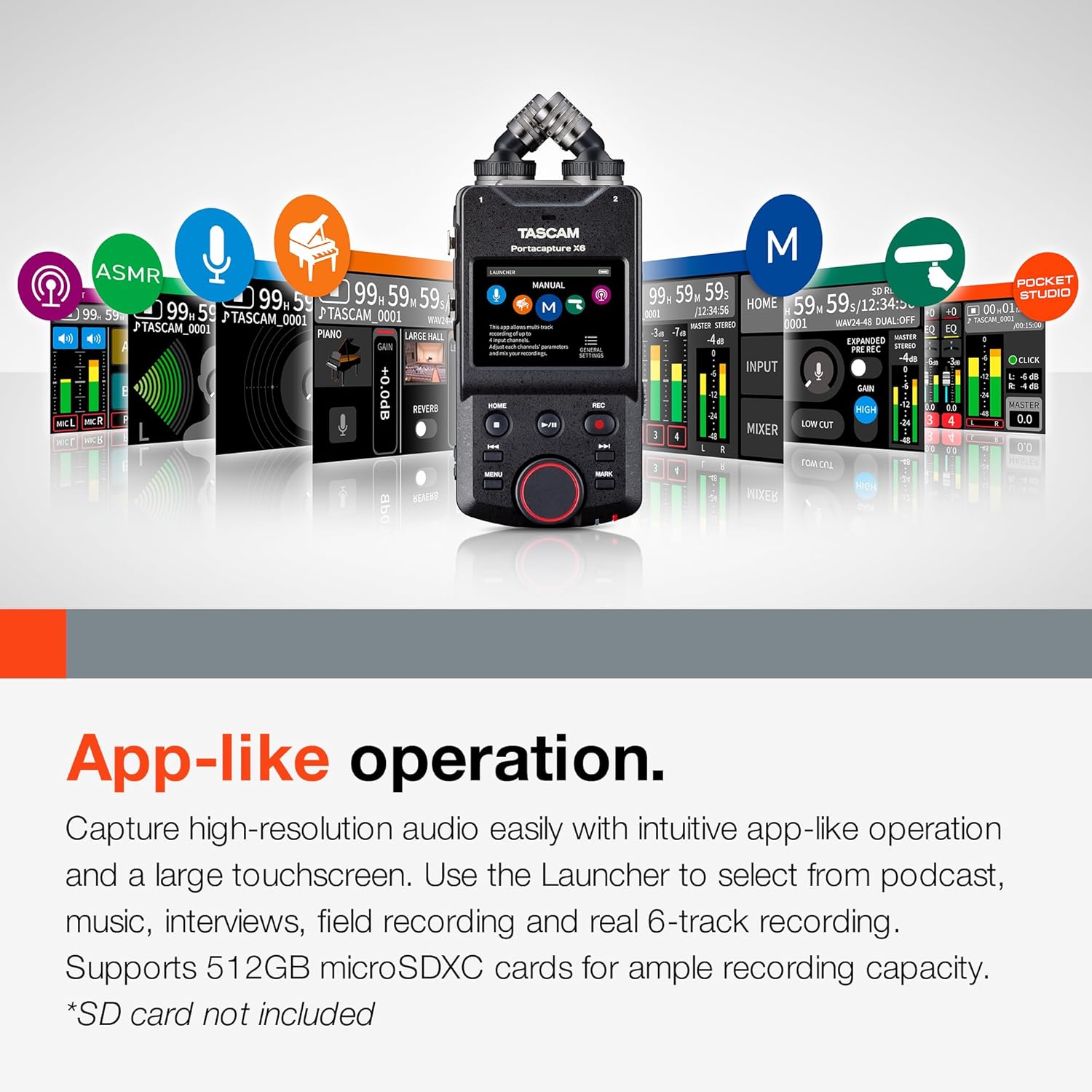 TASCAM Portacapture X6 32-bit Float Portable Audio Recorder, Field Recorder for Video, Music, Podcast, Voice, Podcasting