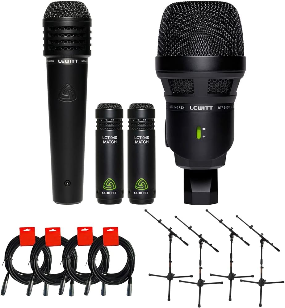 Lewitt BEATKIT Drum Mic Package for Kick, Snare, and Matched Overheads Bundle with 4x Auray MS-5220T Tripod Mic Stand and 4x XLR-XLR Cables