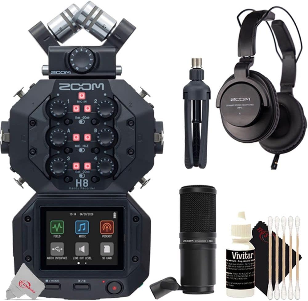 Zoom H8 8-Input / 12-Track Digital Handy Audio Recorder + Zoom ZDM-1 Podcast Mic Pack Accessory Bundle + 3pc Cleaning Kit