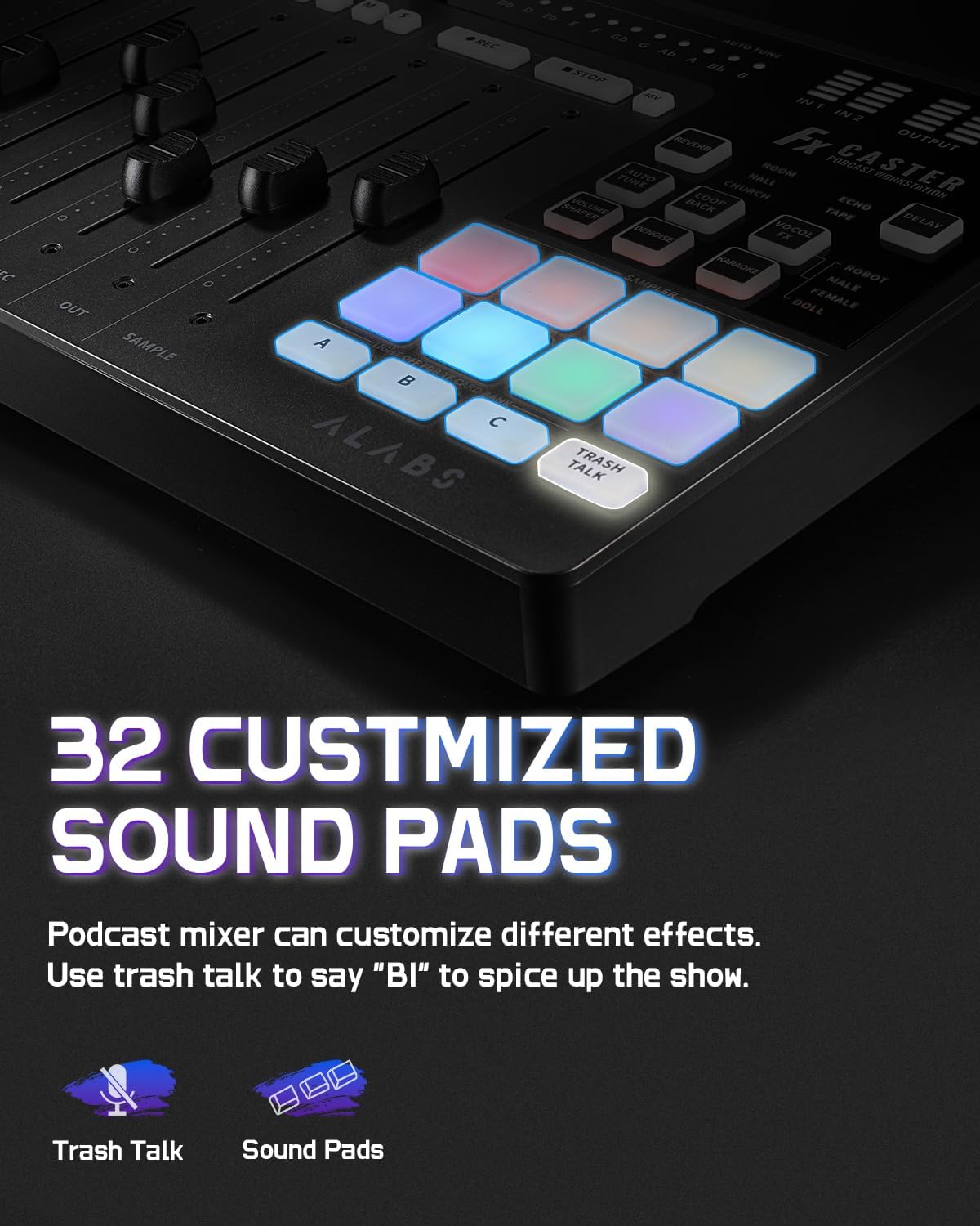 ALABS Fxcaster Podcast Equipment Bundle - All-in-One Podcasting Starter Setup with 7-Channel Soundboard, Audio Interface, and 25mm Diaphragm XLR Microphone for Live Streaming, Recording, and TikTok