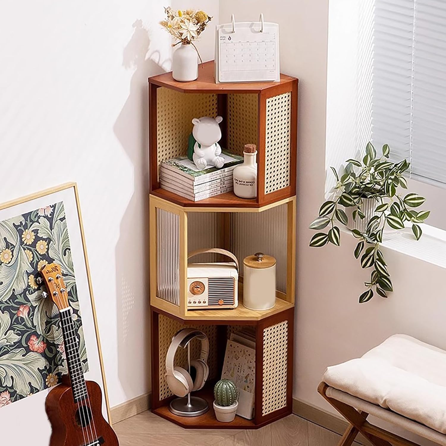 Corner Bookshelf Storage Organizer Bookcase, Height Adjustable Standing Book Shelf Art Easel Rustic Vintage Book Shelf for Living Room Office Library(White-B)