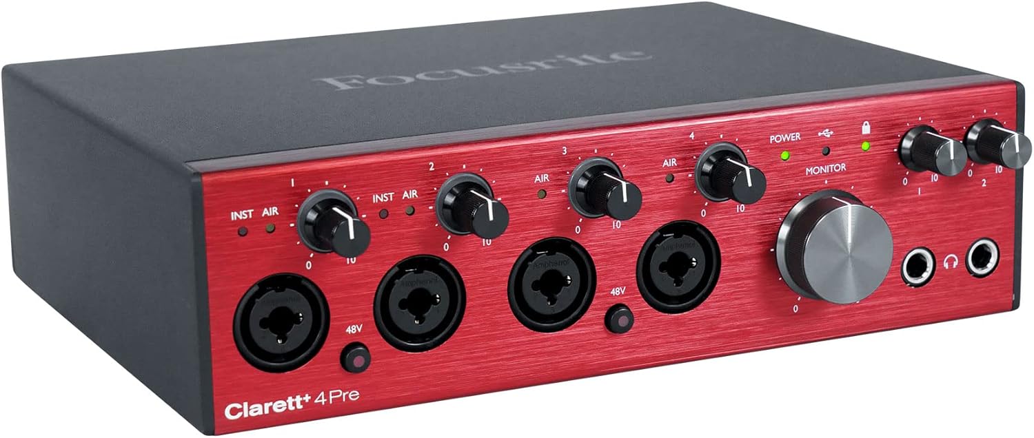 Audiosavings Bundle: Focusrite Clarett+4Pre USB-C Audio Recording Interface, 4 Mic Preamps/JFET/ADAT Bundle with Rockville RMIC-SR Handheld DJ Vocal Recording Wired Microphone+Cable+Mic Case (2 Items)