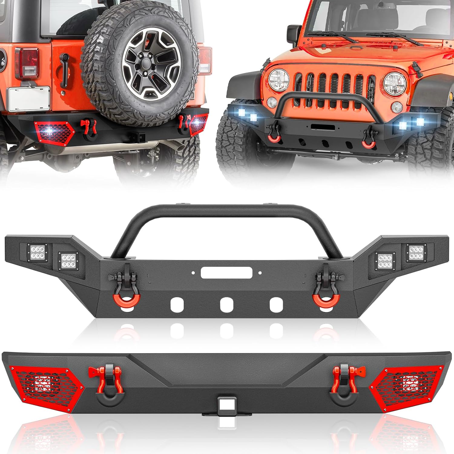 SUORTO for JK Full Width Front and Rear Bumper Compatible with 2007-2018 Jeep Wrangler JK JKU, Off-Road Bumper with LED Lights, Bull Bar, Winch Plate, Paintable Armor, 2