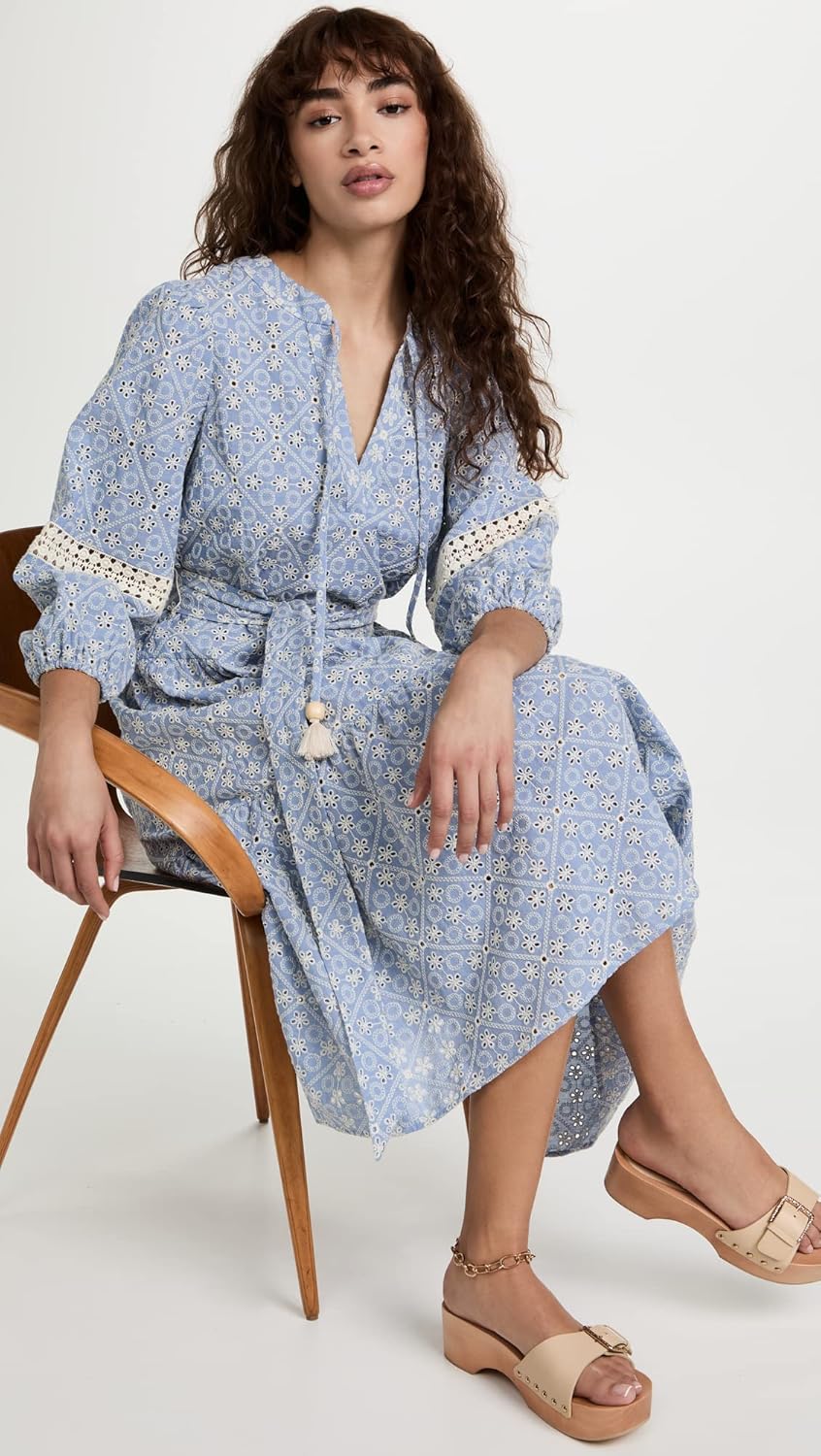 Shoshanna Womens Embroidered Chambray Umbrella Midi Dress