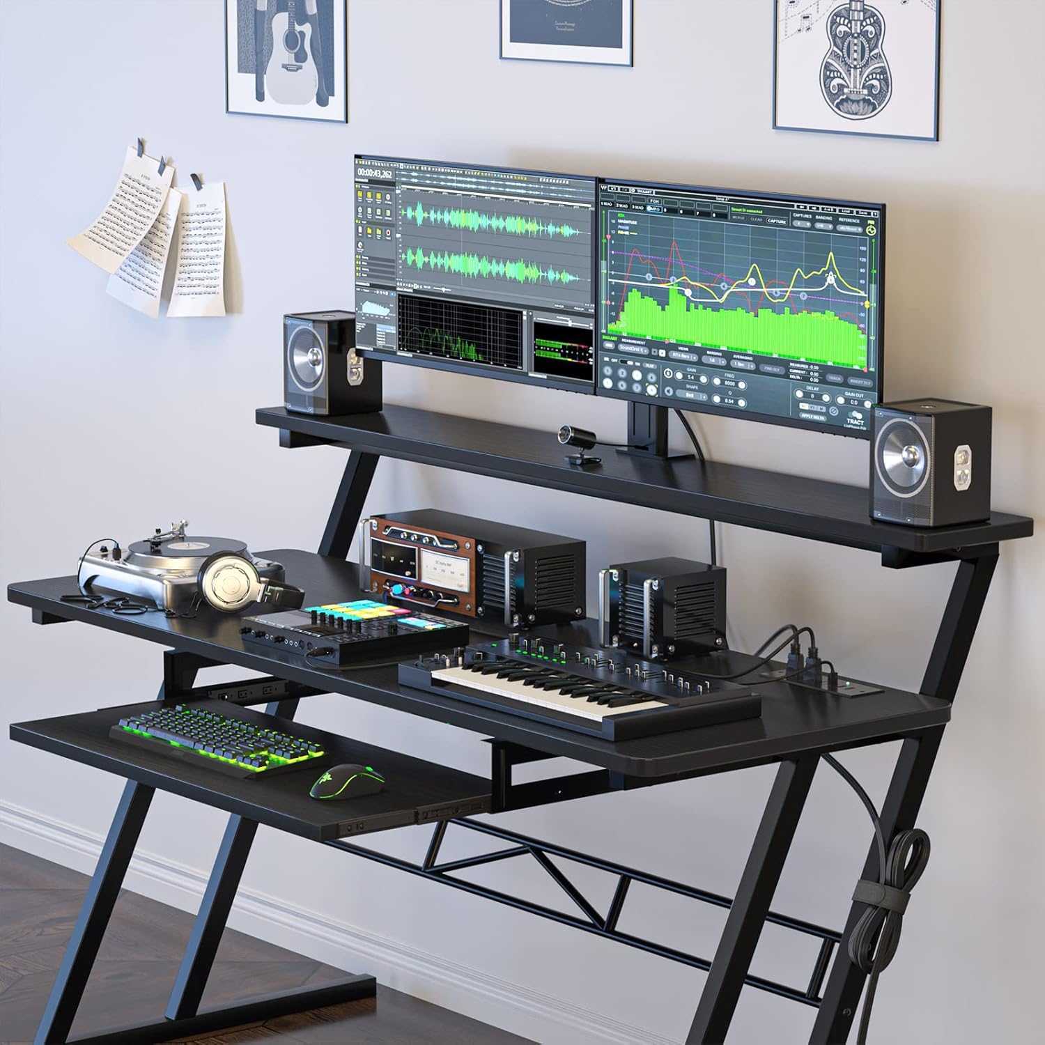 Armocity Music Studio Desk Production Workstation - Recording Studio Desk for Producer with Power Outlet, Studio Workstation for Music Recording, Home Studio Table Desk, Black