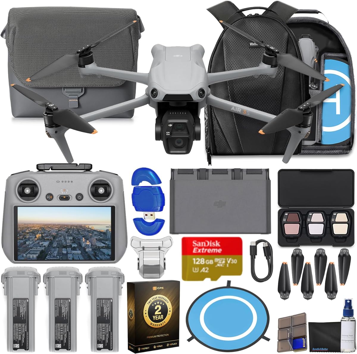 DJI Air 3S Drone with RC 2 Fly More Combo (with Screen) 4K HDR, 45-Min Max Flight Time Bundle with 128GB Memory, Landing Pad, Backpack, CPS 2 Year Warranty, Lens Cleaning Kit and More