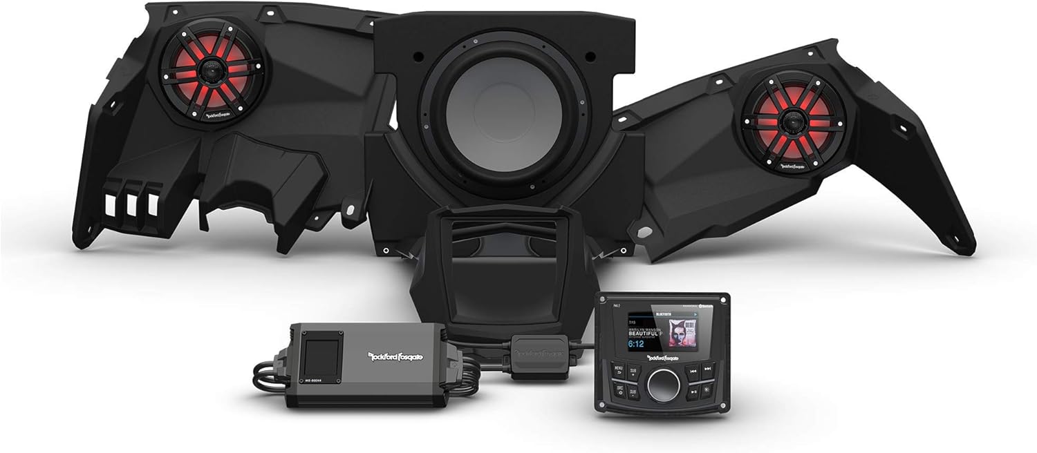 Rockford Fosgate X317-STG3 Audio Kit: PMX-2 Receiver, 800-Watt Amp, M1 Series Color Optix Multicolor LED Lighted Front Speakers & Subwoofer Kit for Select Can-Am Maverick X3 Models (2017 – 2021)