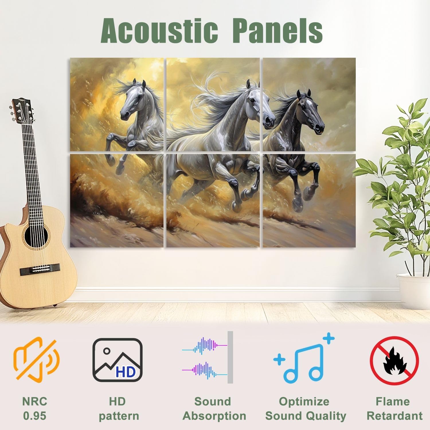 6 Pack Art Acoustic Panels Sound Absorbing Animal Pictures Desert Running Horses Galloping Flowing Manes Dust Decorative Soundproof Wall Panels Self Adhesive for Recording Studios Office 72
