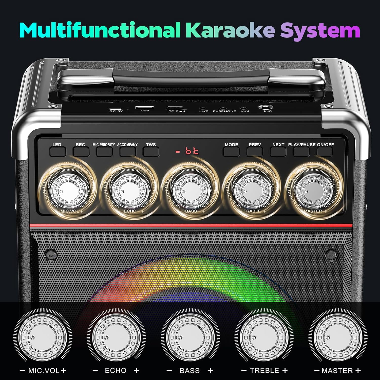 Karaoke Machine for Adults with 2 Wireless Microphones, Portable Bluetooth 5.3 Speaker with Bass/Treble/Echo Adjustment, PA System with Remote Control, Supports TWS/TV/TF Card/USB/AUX