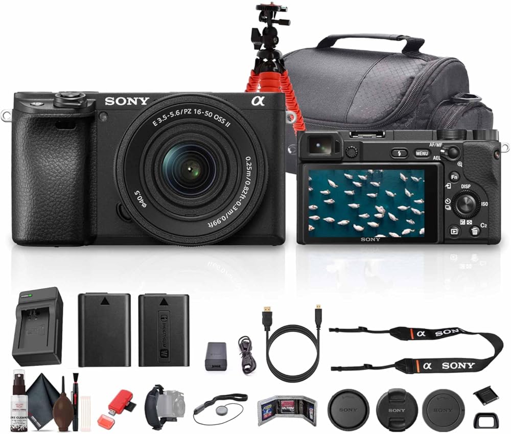 Sony a6400 Mirrorless Camera with 16-50mm f/3.5-5.6 II Lens (Black) (ILCE6400KB) + 64GB Memory Card + NP-FW50 Battery + Camera Bag + Charger + Tripod + Cleaning Kit + HDMI/Micro Cable + More