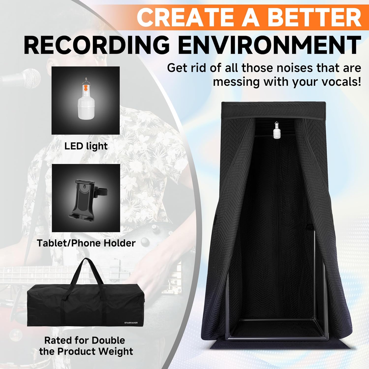 Starfavor Portable Vocal Booth - Sound Booth for Recording Echo-Free Vocals, Double-layer 360 Reverb Stand-In Isolation Shield, Pro-Sound Blankets, Portable Recording Studio with Travel Bag