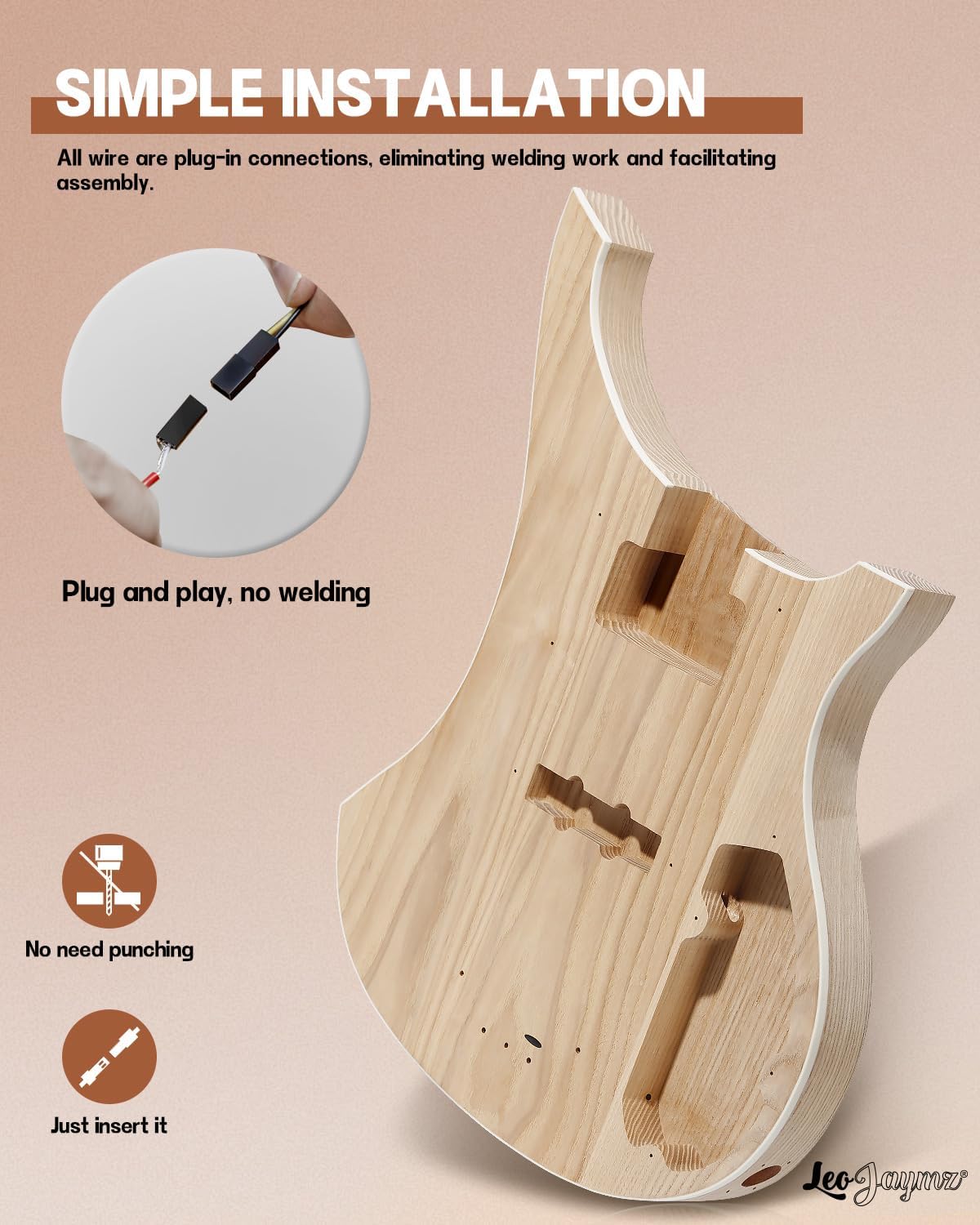 Leo Jaymz DIY Electric Bass Guitar Kits - Roasted Ash Wood Body, Maple Neck and Laurel Wood Fingerboard - Fully Components Included