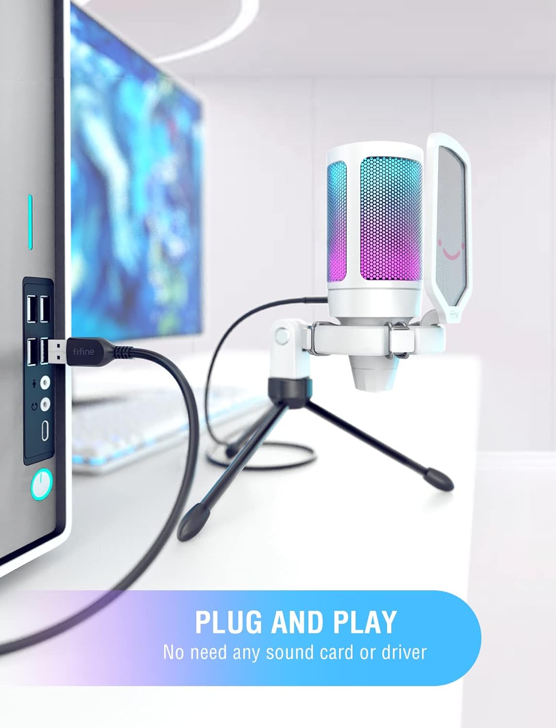 FIFINE USB Mic and White Microphone,AmpliGame RGB Computer Microphone, Condenser Cardioid Desktop Gaming Mic with Quick Mute, Gain Knob,Anti-Vibration for Streaming Podcasts,Zoom -Pink/White (A6P+A6W)