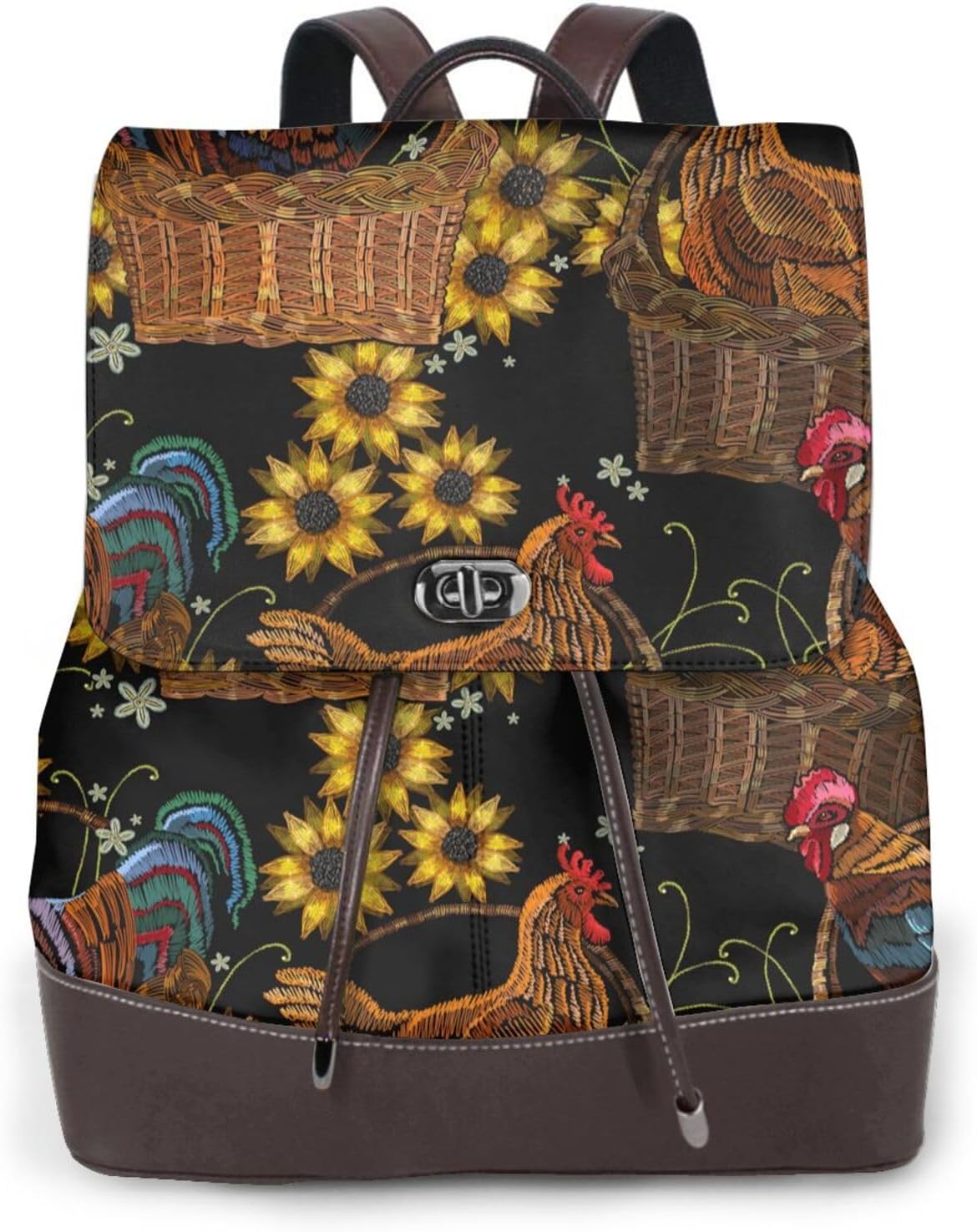 Embroidery Chicken Rooster And Sunflowers for Womens Backpack Purse Microfiber PU Anti-theft Large Fashion Designer Travel Bag Ladies Shoulder Bags
