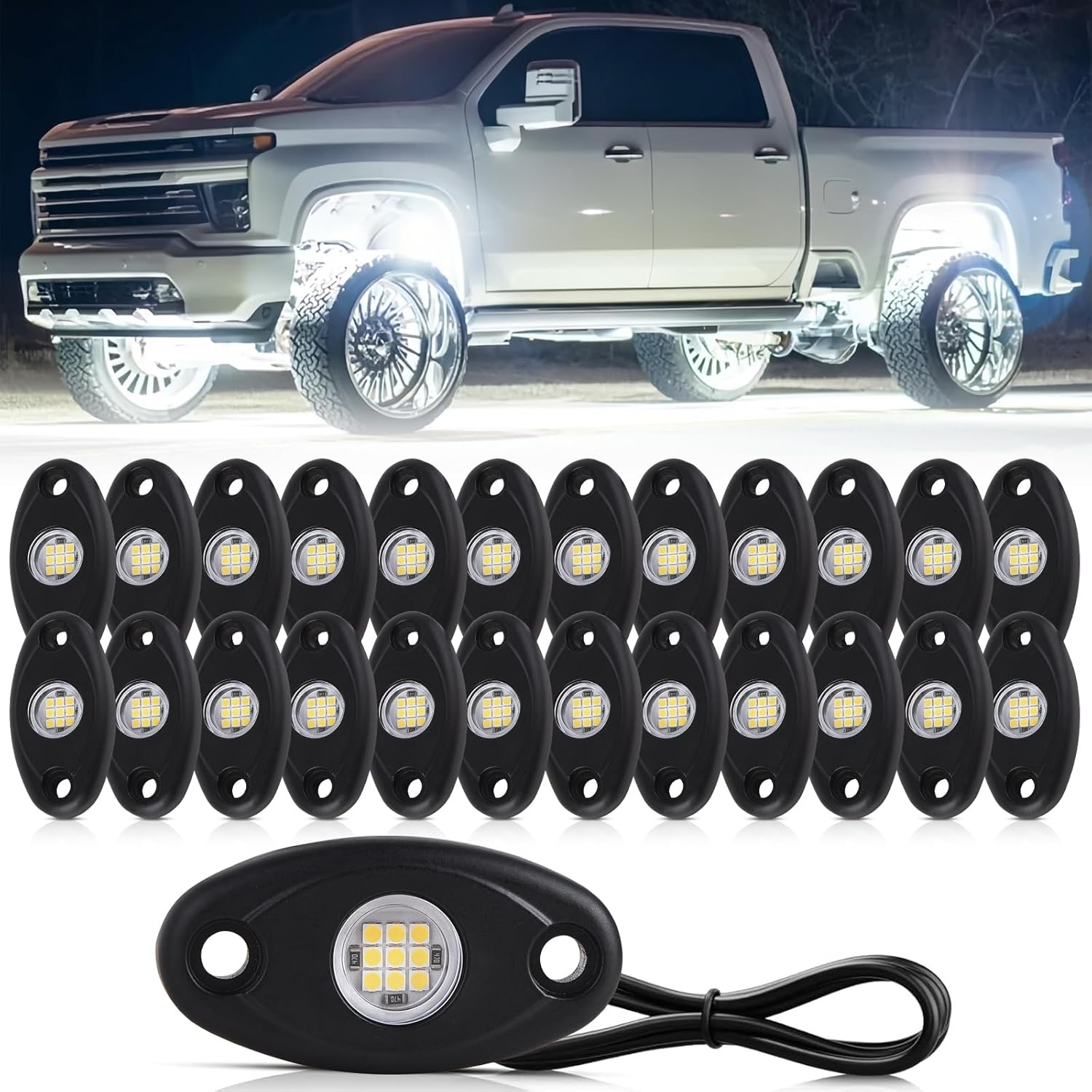 24 Pods White Led Rock Lights，Automotive General Under Body Neon Glow Led Pure Light Kit Ip68 Waterproof 3.8ft Extension Wires for Car Truck Boat Rv ATV Utv SUV RZR Motorcycle Trail Rig Lamp（White）