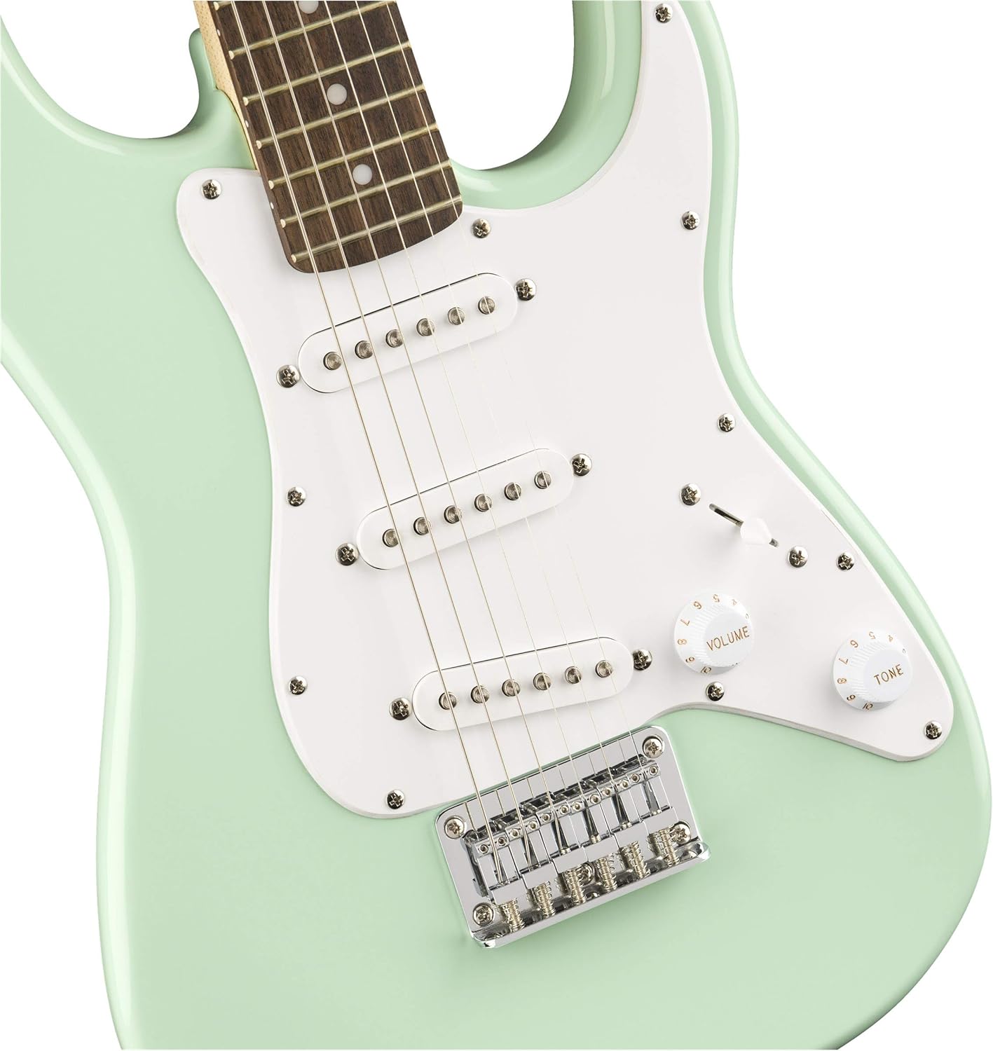 Fender Squier 3/4-Size Kids Mini Strat Electric Guitar - Surf Green Bundle with Amplifier, Instrument Cable, Tuner, Strap, Picks, Online Lessons, and Austin Bazaar Instructional DVD