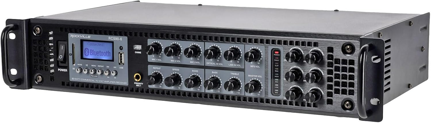 Rockville RCS90-6 90 Watt 6 Zone 70V/100V Commercial Amplifier Receiver, Bluetooth, 3 Mic Inputs, USB/SD, Rack Mount, for Restaurants, Bars, Cafes, Schools, Lounges, and Offices.