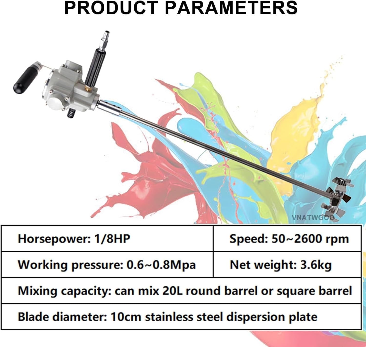 5 Gallon Industrial Air-Powered Handheld Mixer, Adjustable 50-2600 RPM Stirring Machine, Liquid Agitator for Paint Resin