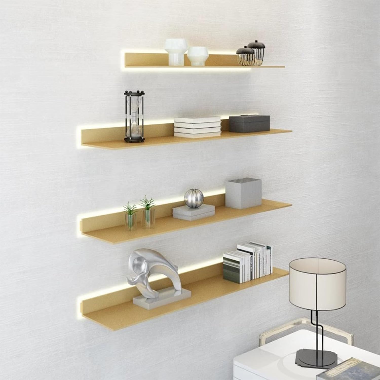 Modern Gold Aluminum Alloy Floating Wall Shelves with Double Sided Wall Mount Light Wall Storage Shelf Creative Wine Rack 60x15cm
