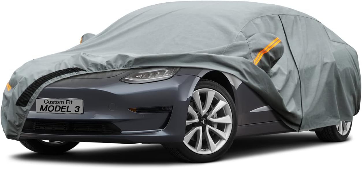 Kayme Heavy Duty Car Cover Waterproof All Weather, Custom Fit for Tesla Model 3, Outdoor Full Exterior Cover with Charging Port and Breathable Ventilation Mesh, Rain Sun Protection.