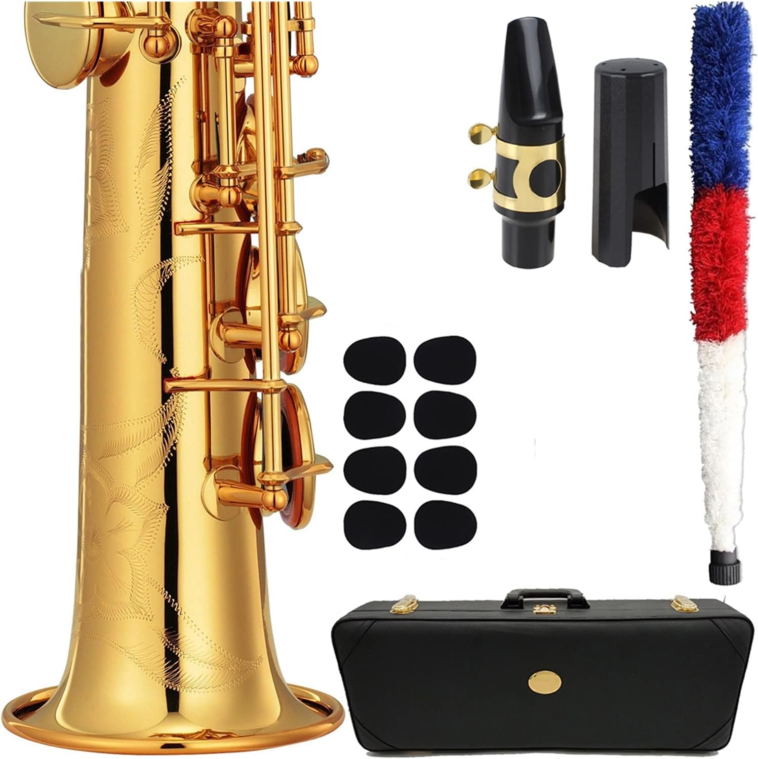 Saxophone Straight Saxophone Soprano Professional Soprano Sax Custom Gold Lacquer Mouthpiece Reeds Neck with Case Key Type Woodwind Instrument (Color : Gold)