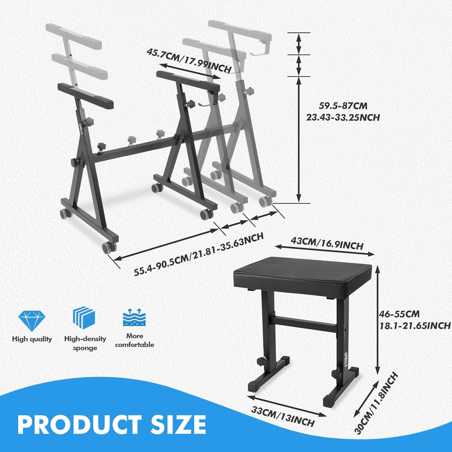 Keyboard Piano Stand, Heavy Duty with Wheels and Pads, Z Style Adjustable Portable Keyboard Stand, Fits 54, 61, 88 Key Electric Keyboards Digital Pianos (Piano Stand + Bench)