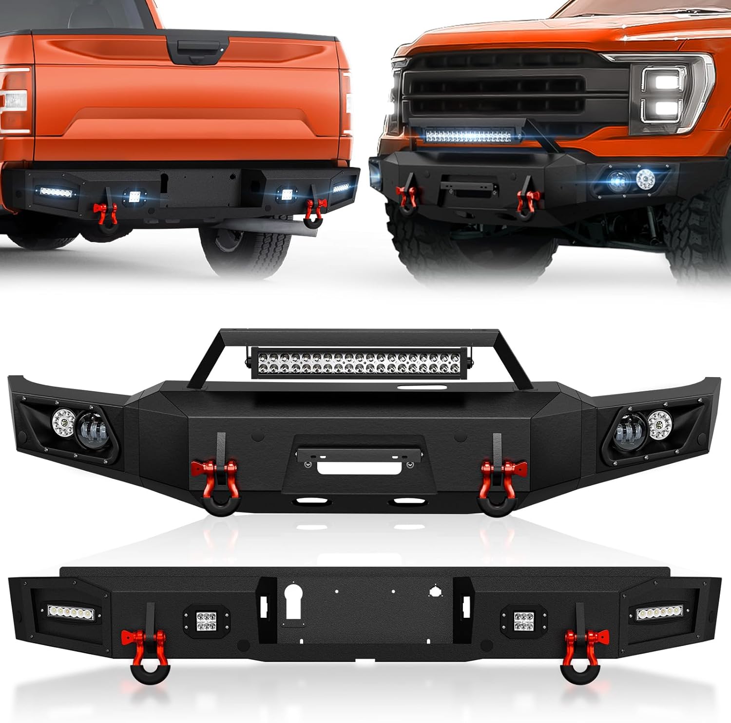 Front & Rear Bumper Compatible with 2021 2022 2023 2024 Ford F-150 (Excluding 2022-2024 F150 Lighting EV) with License Plate Bracket, Winch Plate, LED Lights, Sensor Holes, Paintable Armor & D-rings