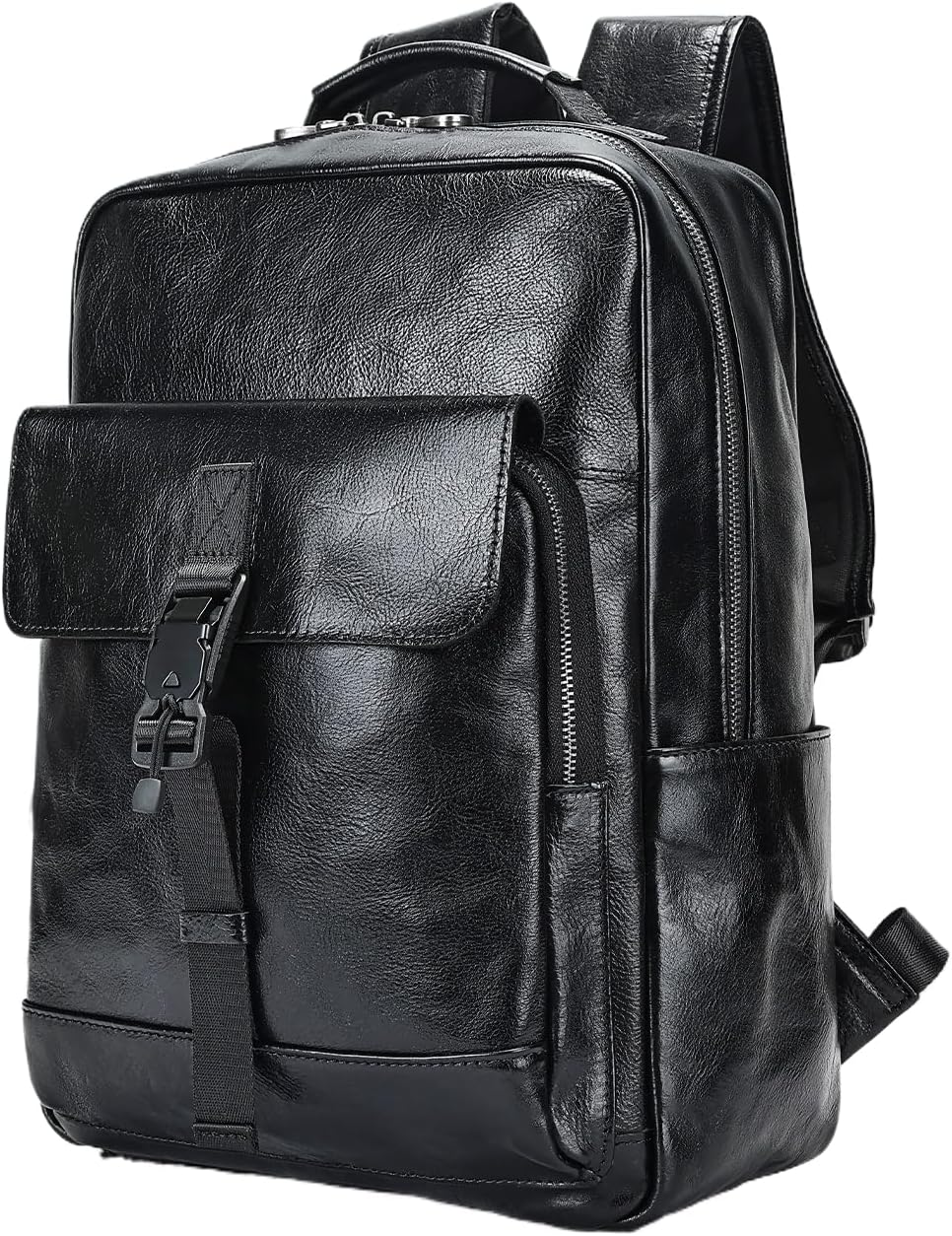 Mens Genuine Leather Backpack Laptop Bag Casual Daypack Travel Luggage Computer Carrying Case Gift Box (Black)