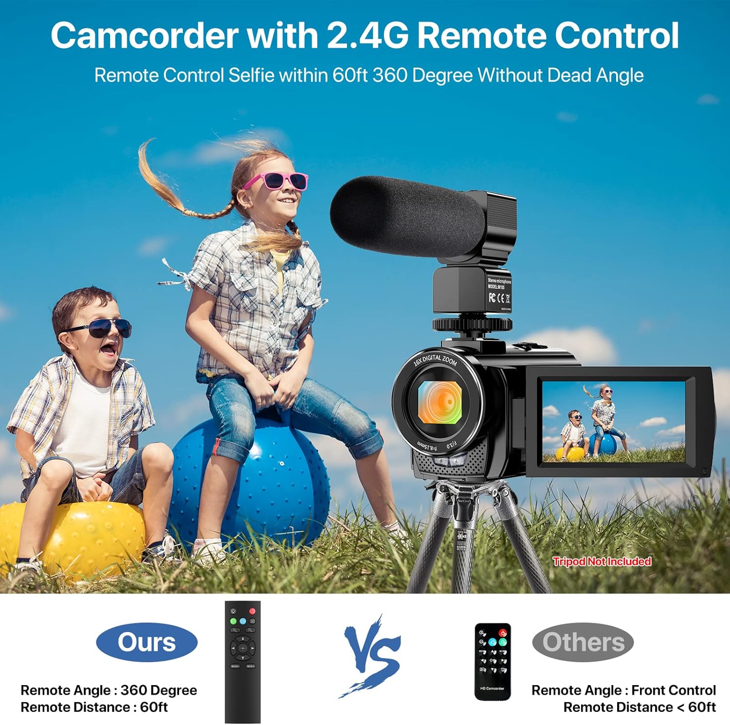 Video Camera Camcorder Digital YouTube Vlogging Camera Recorder FHD 1080P 24.0MP 3.0 Inch 270 Degree Rotation Screen 16X Digital Zoom Camcorder with Microphone,Remote Control and 2 Batteries