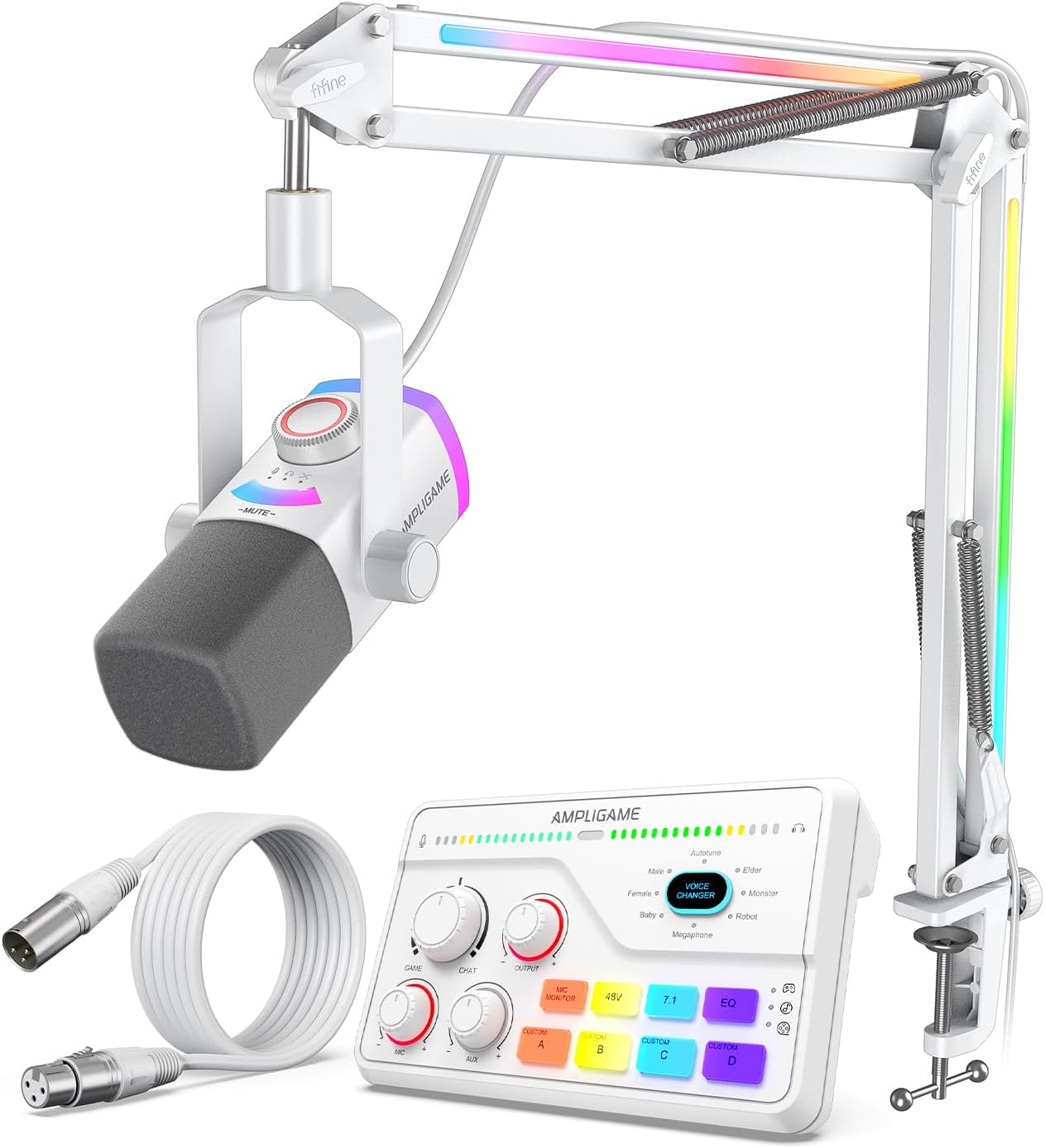 FIFINE Gaming Audio Microphone Kit, USB/XLR Mic with RGB Metal Arm,Aduio Mixer with 7.1ch Surround Sound-Volume Knob-Mute-Voice Chat & 10ft XLR Balanced Cable for Streaming, Podcast-AM8PROTW+SC8W+L9W