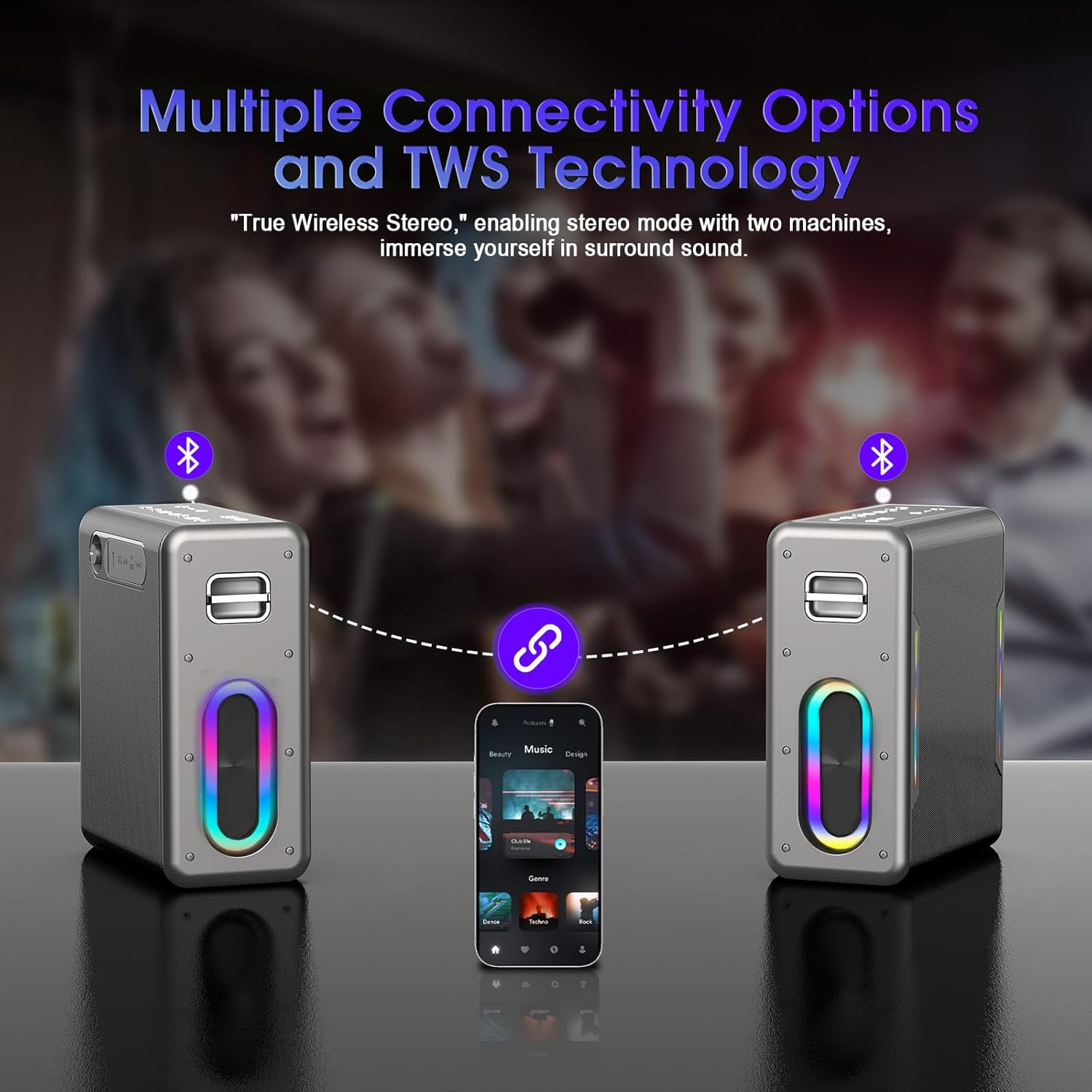 Karaoke Machine with Two Wireless Microphones, Powerful Portable Bluetooth Speaker for Adults & Kids, PA System with 2 Voice Mode, LED Lights, Supports BT/TWS/AUX/USB/TF for Party