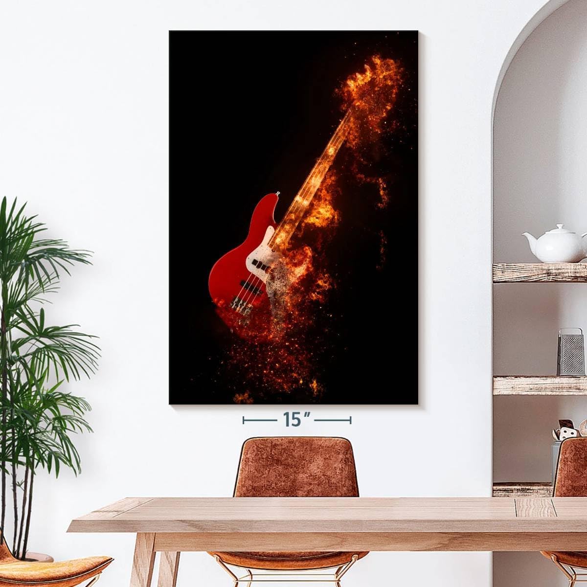 ElephantStock - Flaming Bass Guitar Wall Art - Vertical Canvas Wall Art - Living Room Wall Decor - Digital Art Music Canvas Art - Black And Orange Decor - 34