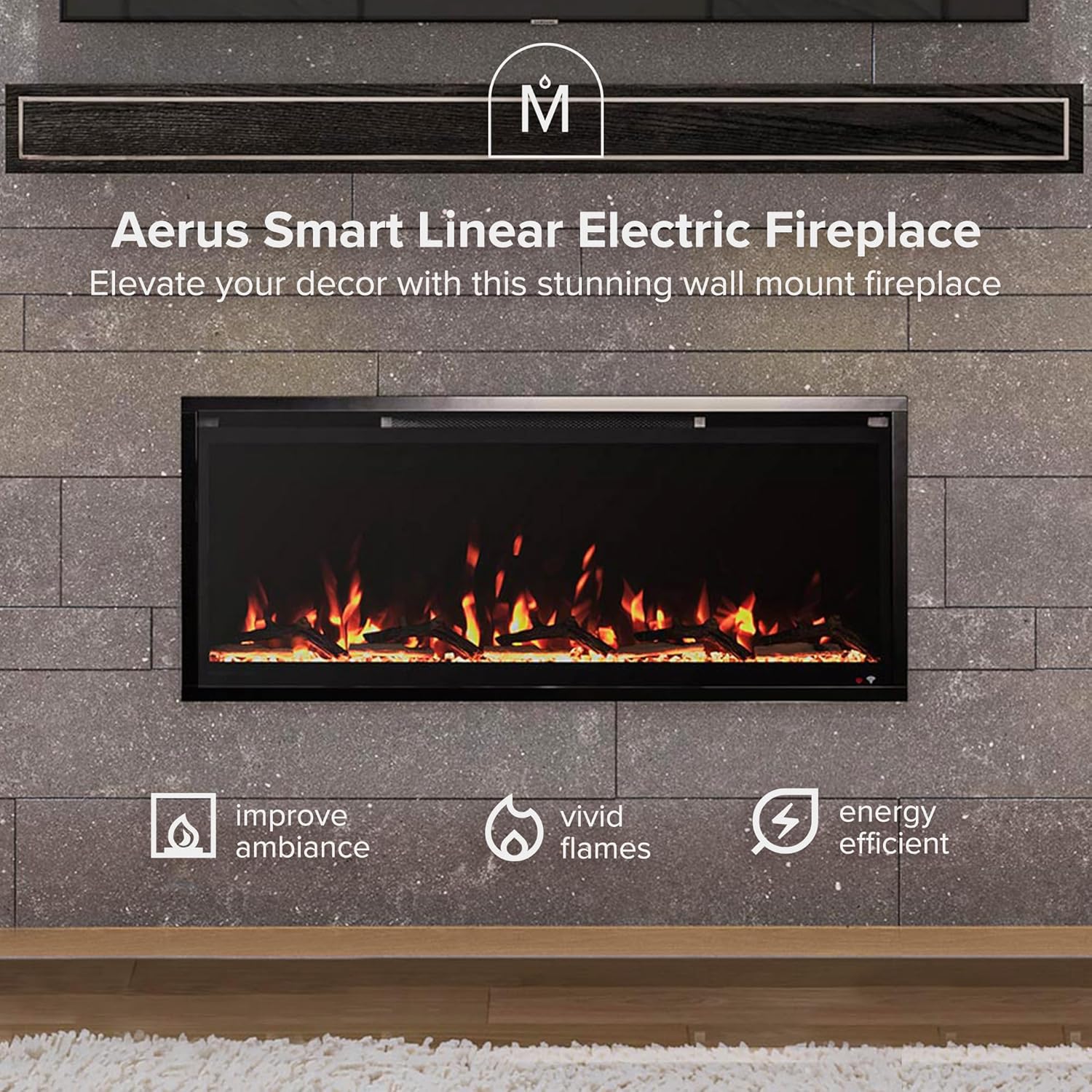 Modern Ember Aerus 42 Inch Smart Linear Electric Fireplace | Recessed in-Wall or Wall-Mount | LED Multiple Flame Colors | Alexa/WiFi Enabled | 5.75” Profile | Remote Included