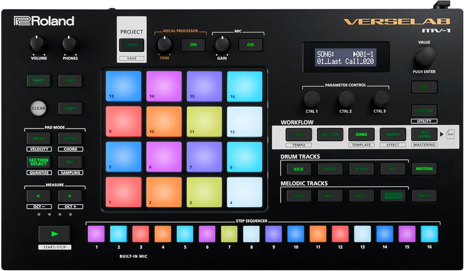 Roland VERSELAB MV-1 ZEN-Core Professional Song Production Studio for Songwriters and Singers. 4x4 pads and TR-REC Step Sequencer for drums, basslines, and melodic parts.