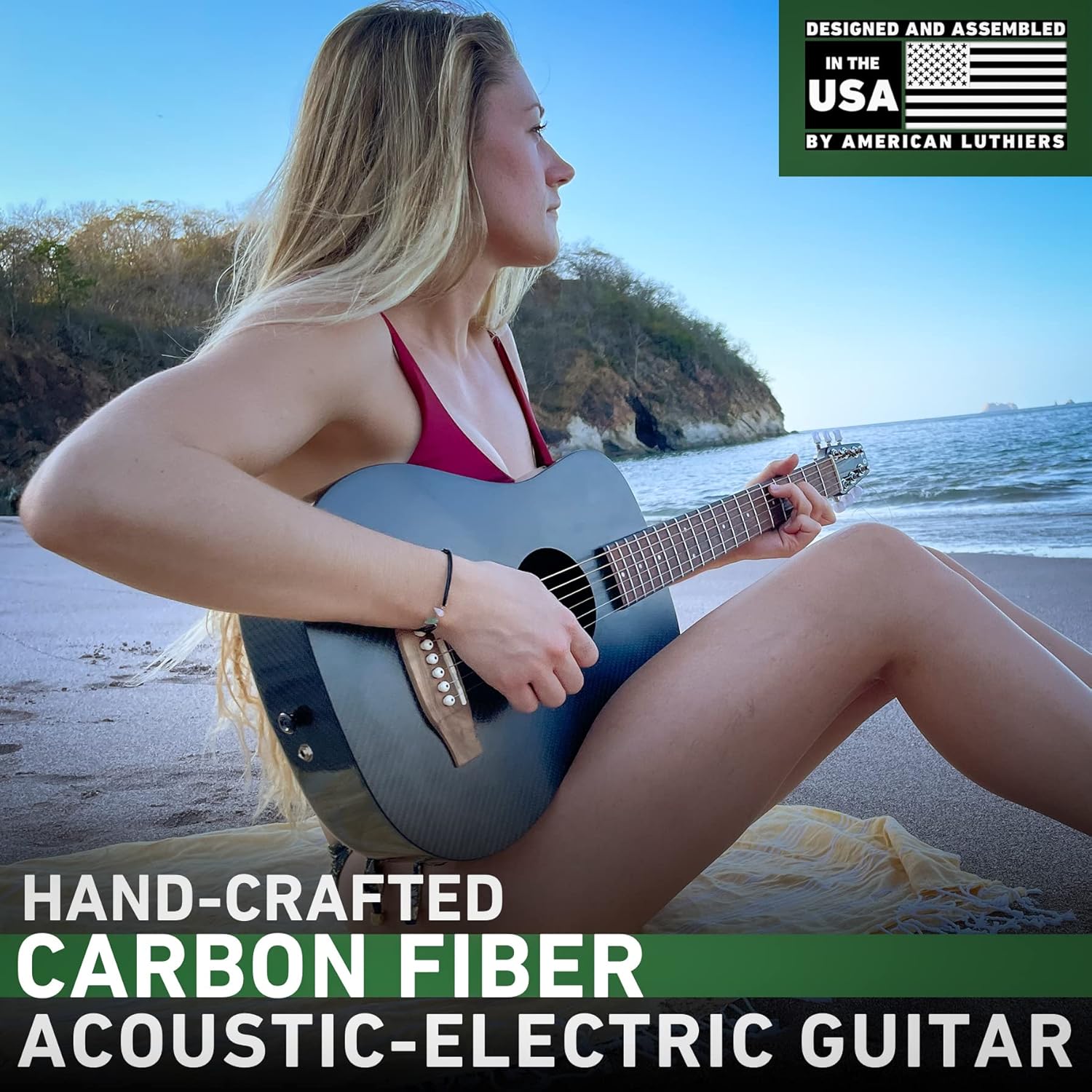 KLOS Travel Guitar, Durable Carbon Fiber Acoustic Electric Guitar - Black with Gig Bag, Capo and more