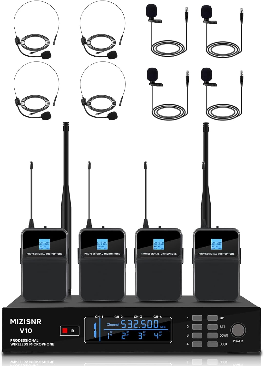 4 Channel Wireless Lapel Microphone, Set of 4 Headset & Lavalier Mics with 4x50 Adjustable Frequency UHF Metal Receiver, 300ft Range Microphone System for Church, Karaoke, Preaching, Wedding