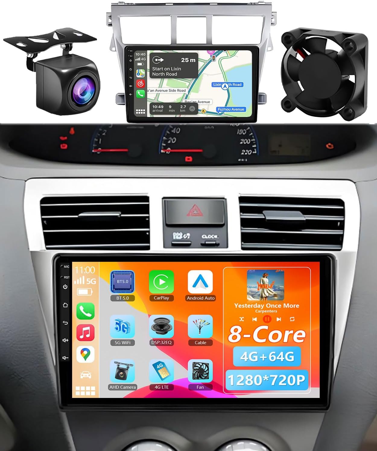 8Core 4G+64G Car Stereo Radio for Toyota Yaris Vios 2007-2013, 9 inch Touch Screen for Yaris Head Unit Radio with Wireless Carplay Android Auto, Bluetooth5.0, 1280 * 720P, GPS, WiFi, HD Backup Camera