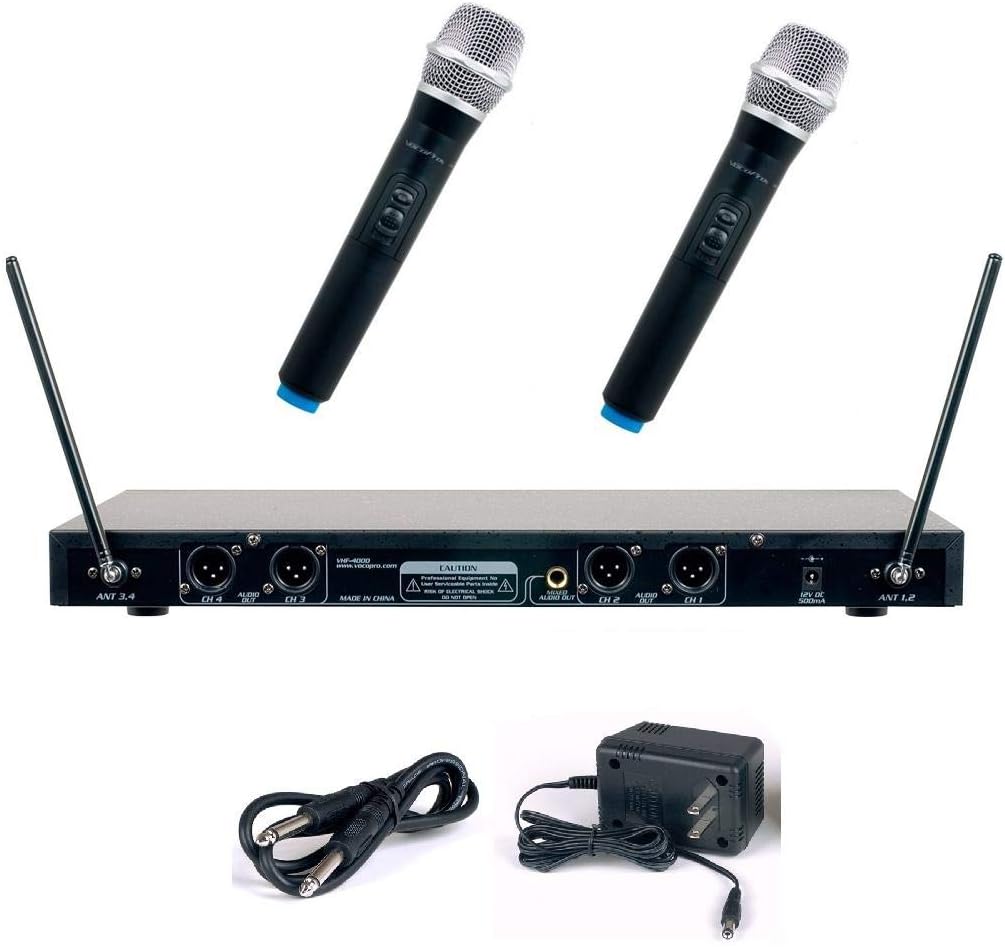 VocoPro, 4 Professional Quad VHF Wireless Microphone System, XLR, Black, VHF4000-2 (VHF-4000-2)